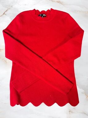 Aqua Cashmere Red Scalloped Hem Sweater Size S